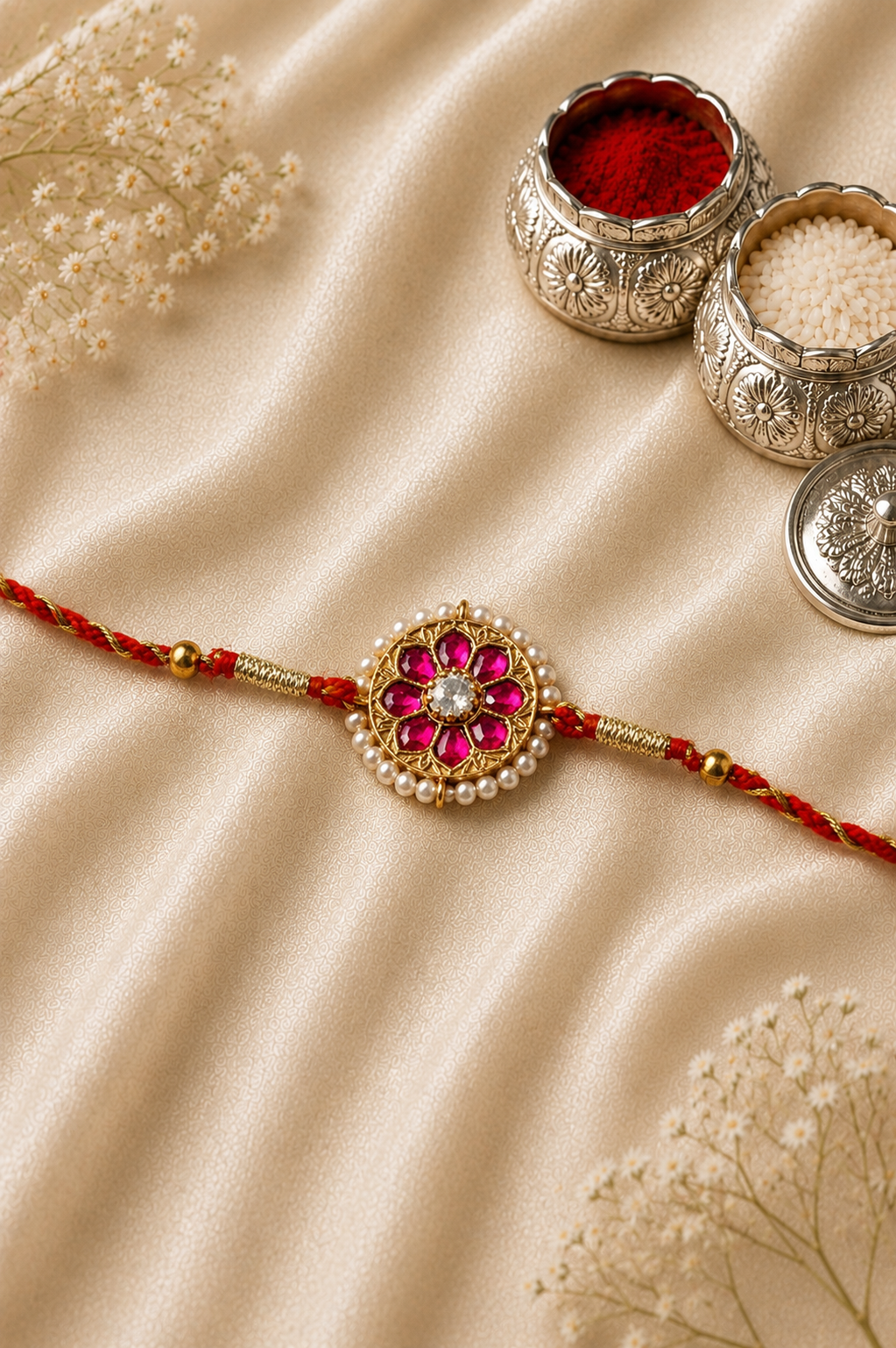 925 Sterling Silver Kundan Floral Rakhi