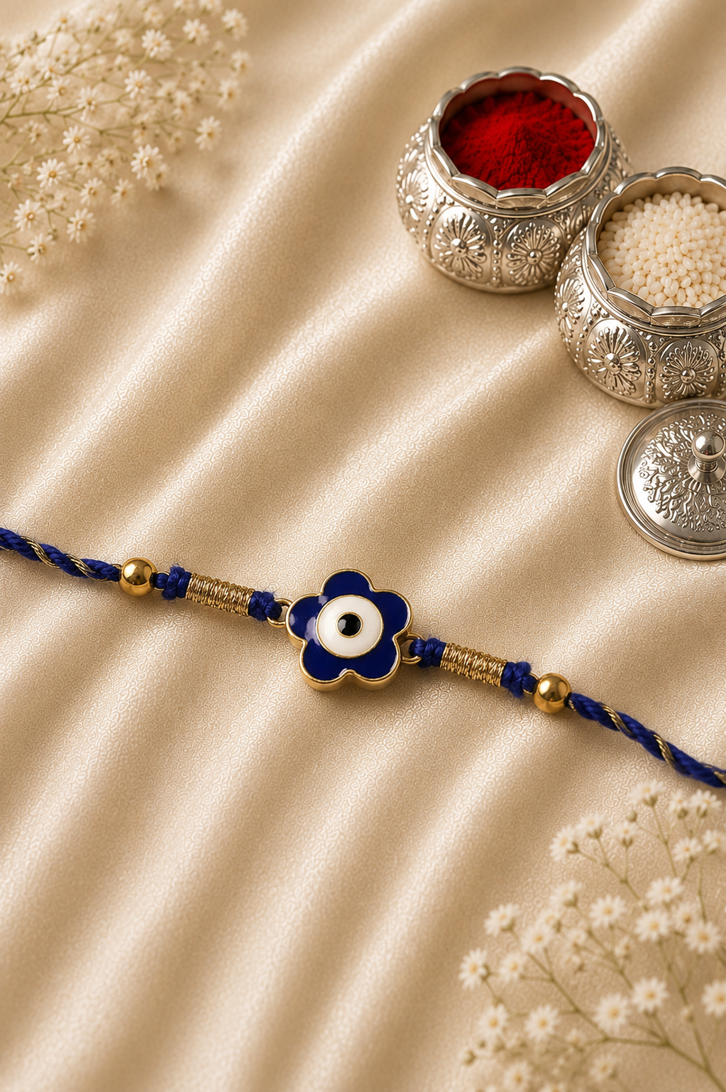 925 Sterling Silver Blue Evil Eye Floral Rakhi