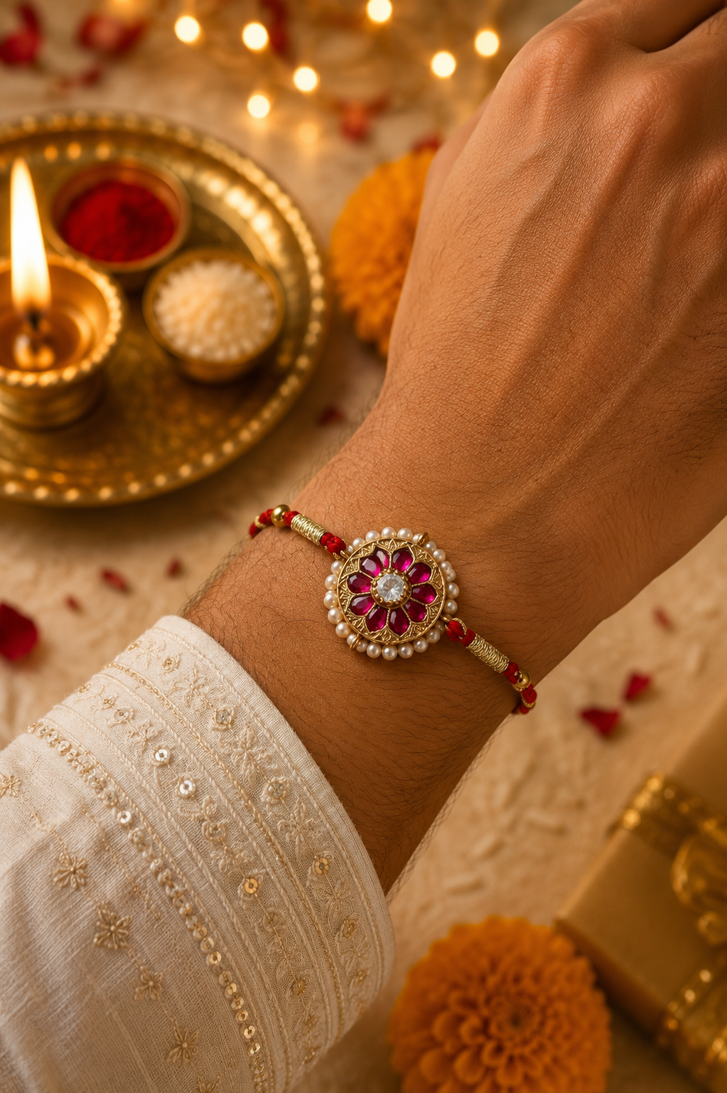 925 Sterling Silver Kundan Floral Rakhi