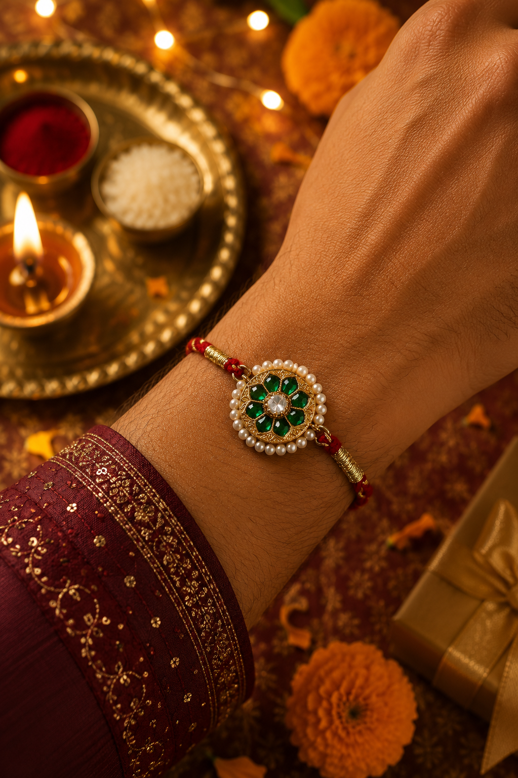 925 Sterling Silver Kundan Floral Rakhi