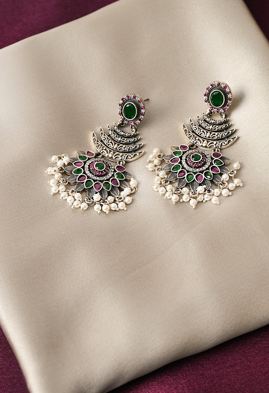 Emerald & Ruby Pearl Chandbali Earrings