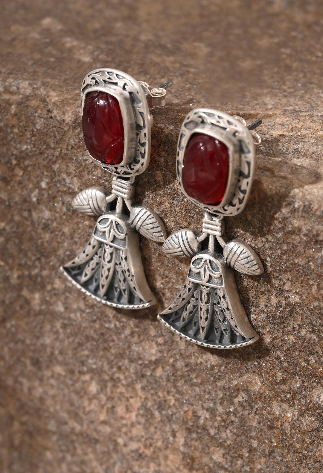 Red Cabochon Stone Tribal Earrings