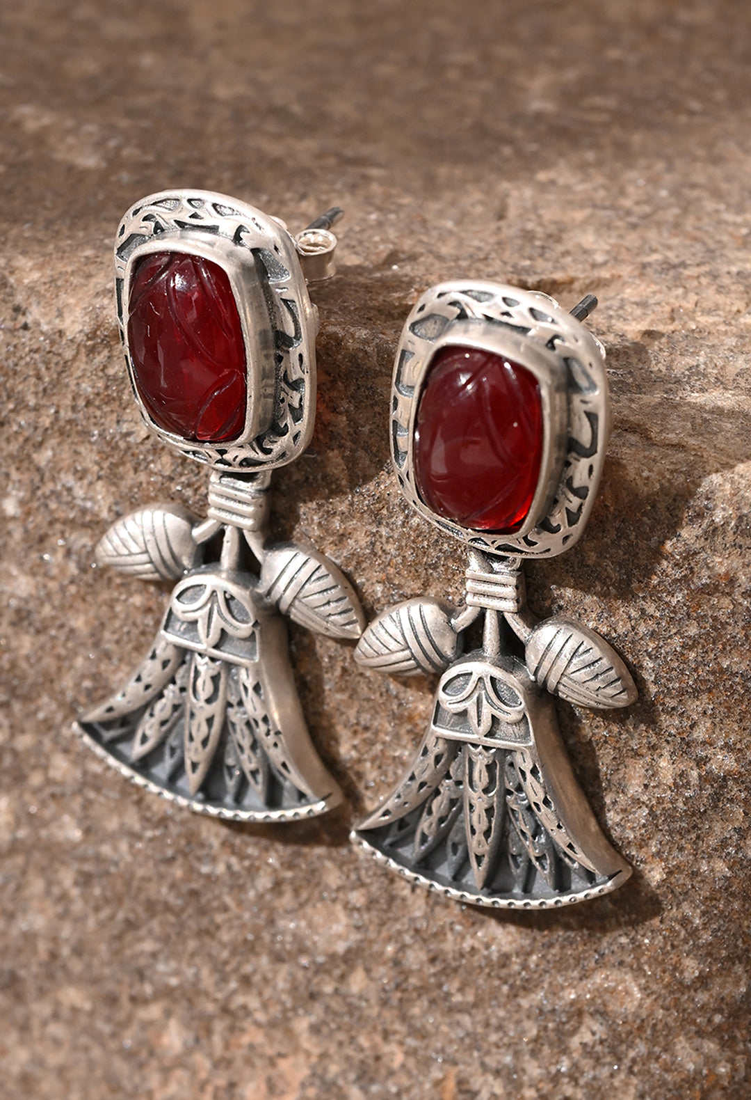 Red Cabochon Stone Tribal Earrings