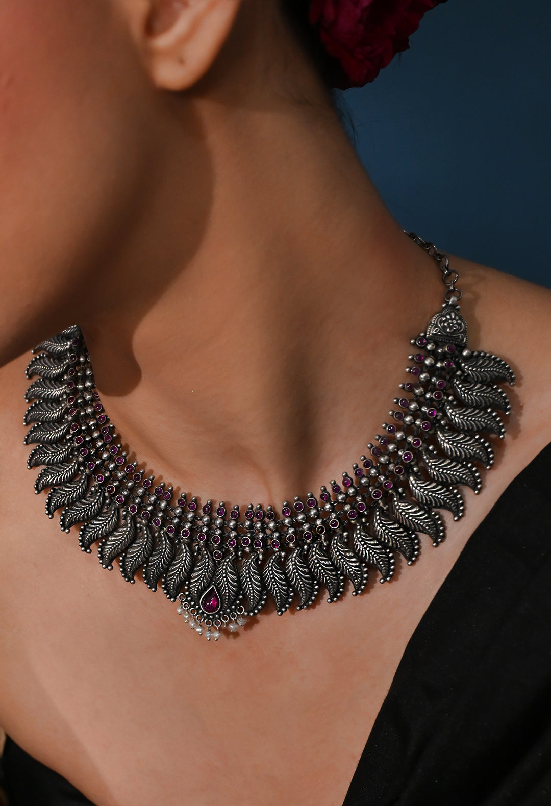 Silver leaves tribal necklace