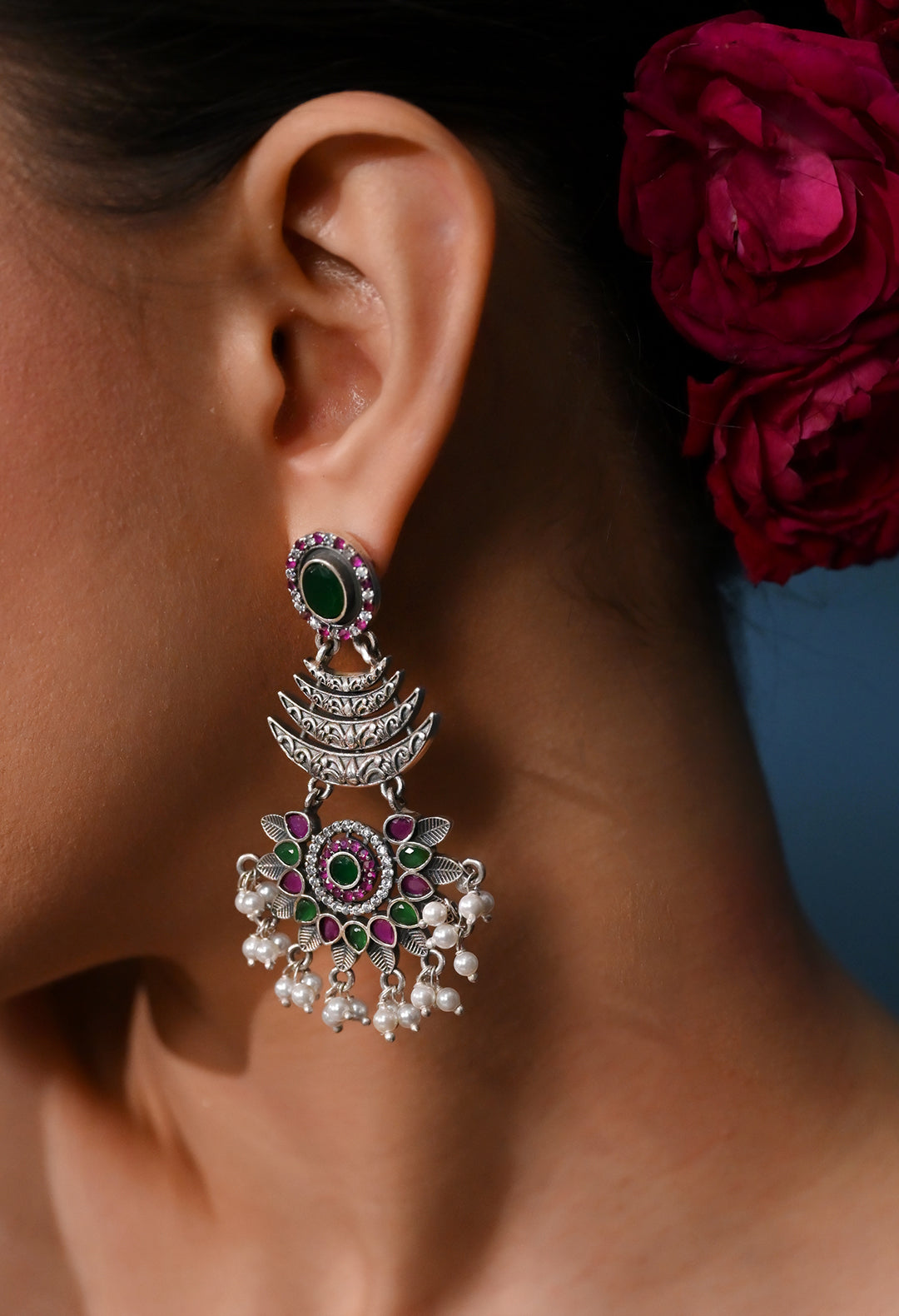Emerald & Ruby Pearl Chandbali Earrings